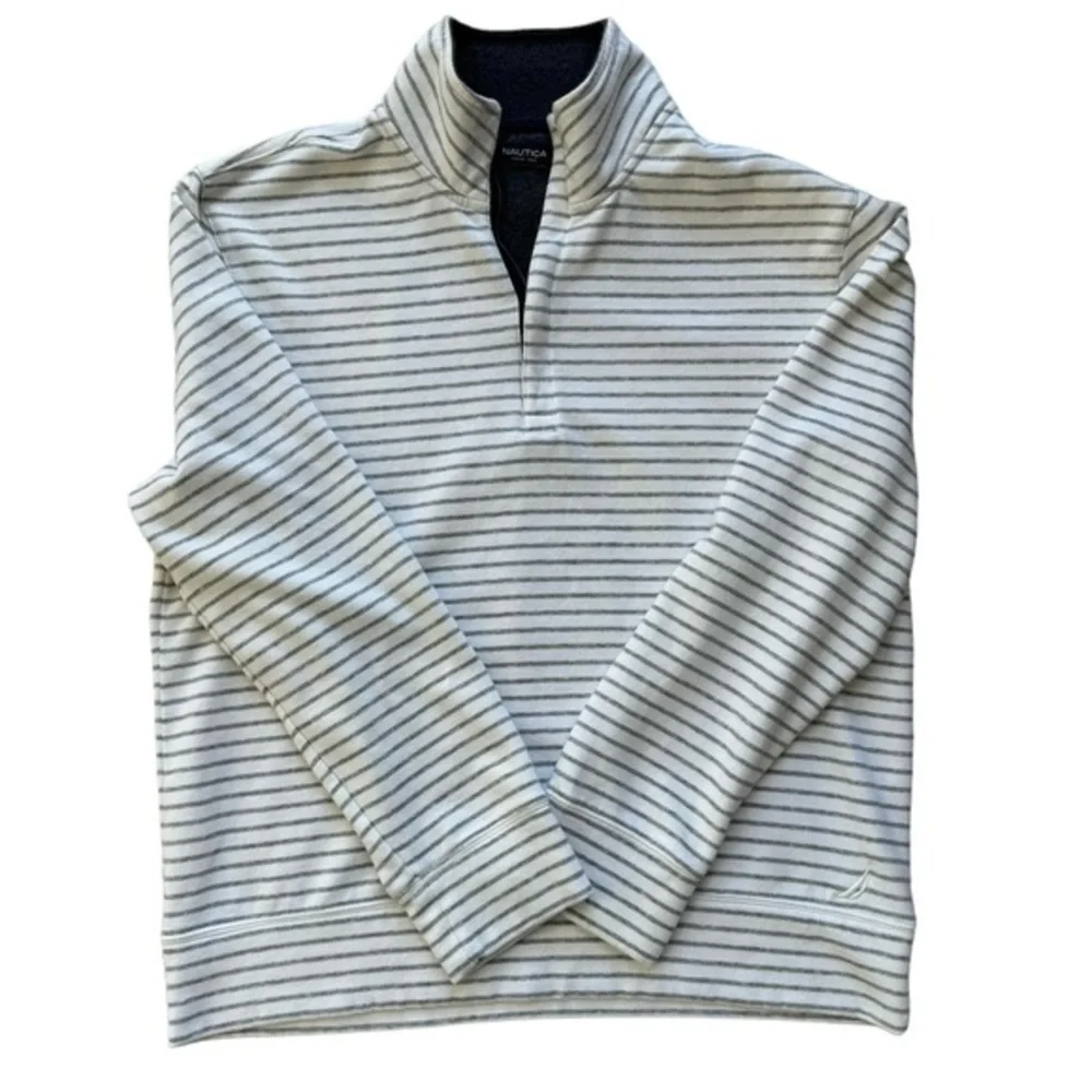 Nautica Men's Quarter Zip Sweater White‎ Gray Striped Size Large